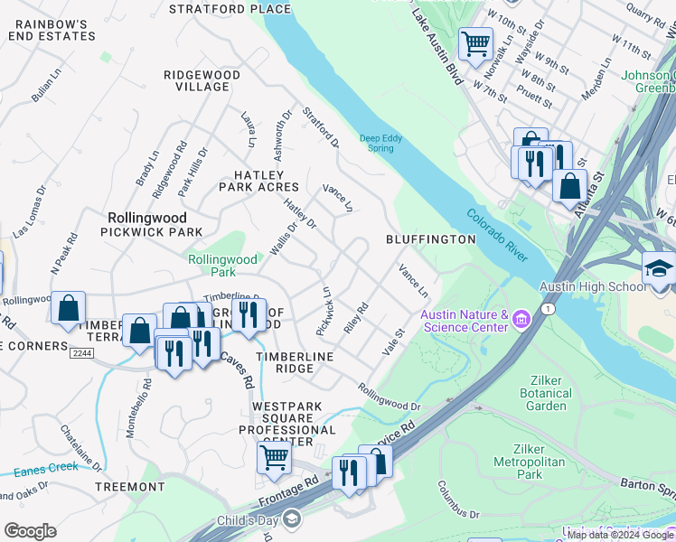 map of restaurants, bars, coffee shops, grocery stores, and more near 303 Almarion Drive in Austin