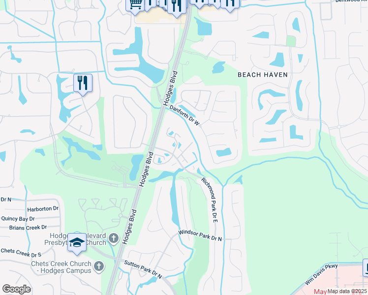 map of restaurants, bars, coffee shops, grocery stores, and more near 13715 Richmond Park Drive North in Jacksonville
