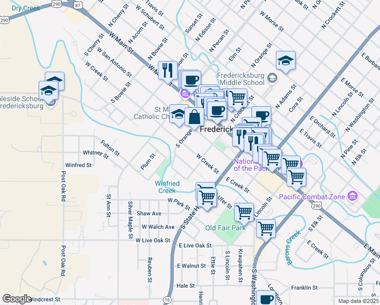 map of restaurants, bars, coffee shops, grocery stores, and more near 211 West Creek Street in Fredericksburg