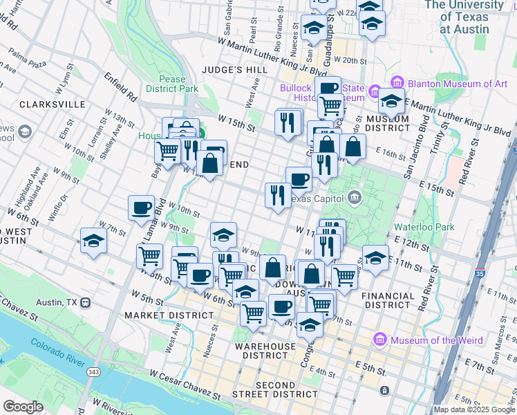 map of restaurants, bars, coffee shops, grocery stores, and more near 516 West 11th Street in Austin
