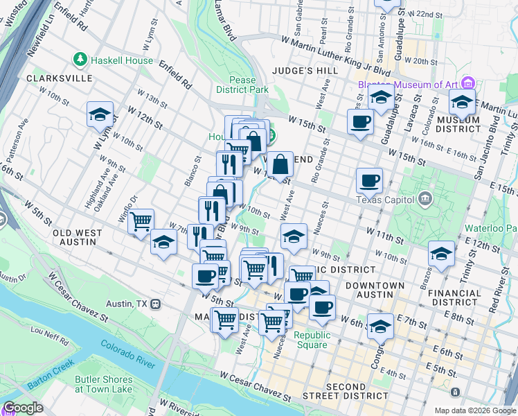 map of restaurants, bars, coffee shops, grocery stores, and more near 818 West 10th Street in Austin
