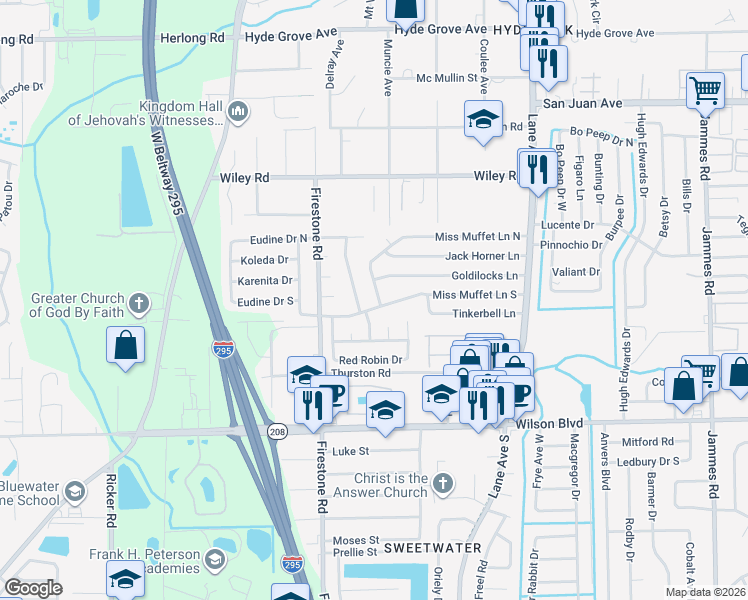 map of restaurants, bars, coffee shops, grocery stores, and more near 2436 Miss Muffet Lane West in Jacksonville
