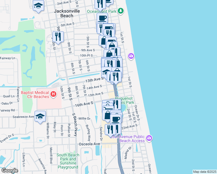 map of restaurants, bars, coffee shops, grocery stores, and more near 351 15th Avenue South in Jacksonville Beach