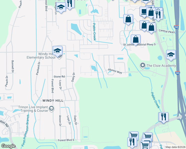 map of restaurants, bars, coffee shops, grocery stores, and more near 3916 Grand Central Place West in Jacksonville