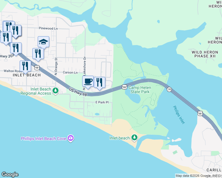 map of restaurants, bars, coffee shops, grocery stores, and more near 64 Grande Pointe Drive in Rosemary Beach