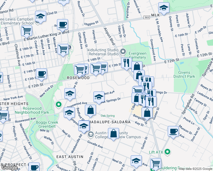map of restaurants, bars, coffee shops, grocery stores, and more near 1183 Ridgeway Drive in Austin