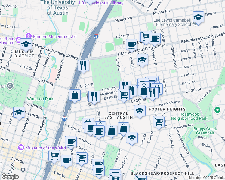 map of restaurants, bars, coffee shops, grocery stores, and more near 1402 Bob Harrison Street in Austin