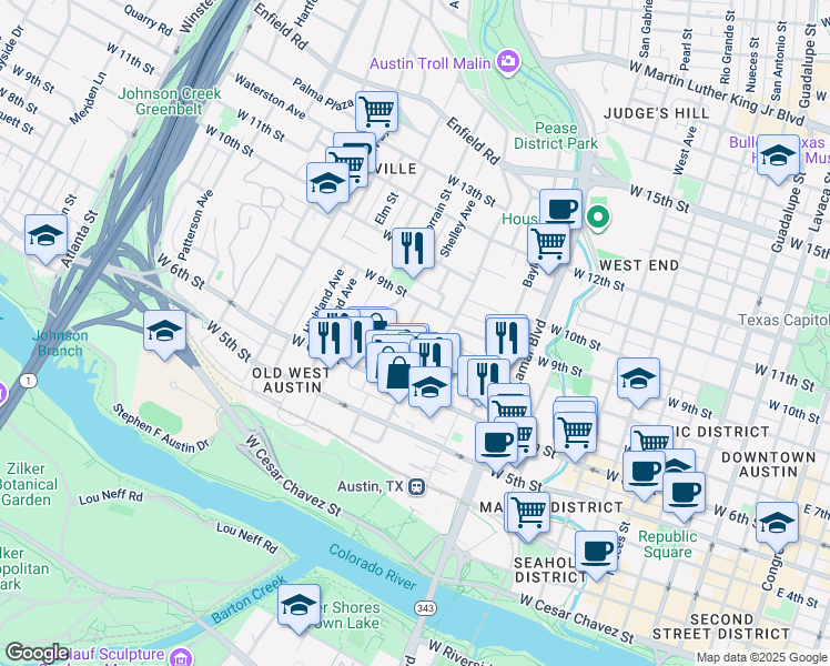 map of restaurants, bars, coffee shops, grocery stores, and more near 700 Blanco Street in Austin