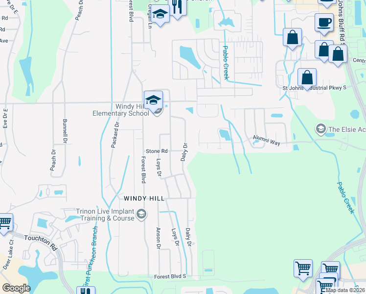 map of restaurants, bars, coffee shops, grocery stores, and more near 10517 Stone Road in Jacksonville