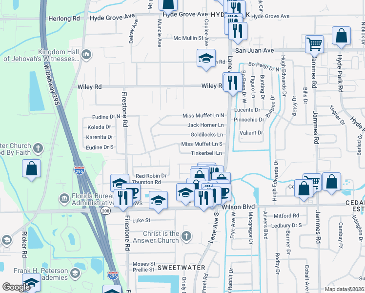 map of restaurants, bars, coffee shops, grocery stores, and more near 6868 Miss Muffet Lane South in Jacksonville