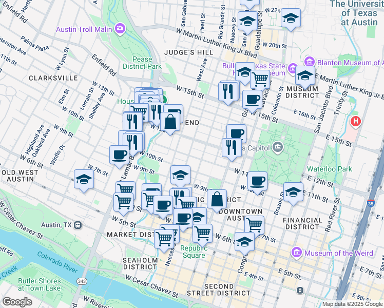 map of restaurants, bars, coffee shops, grocery stores, and more near 608 West 11th Street in Austin