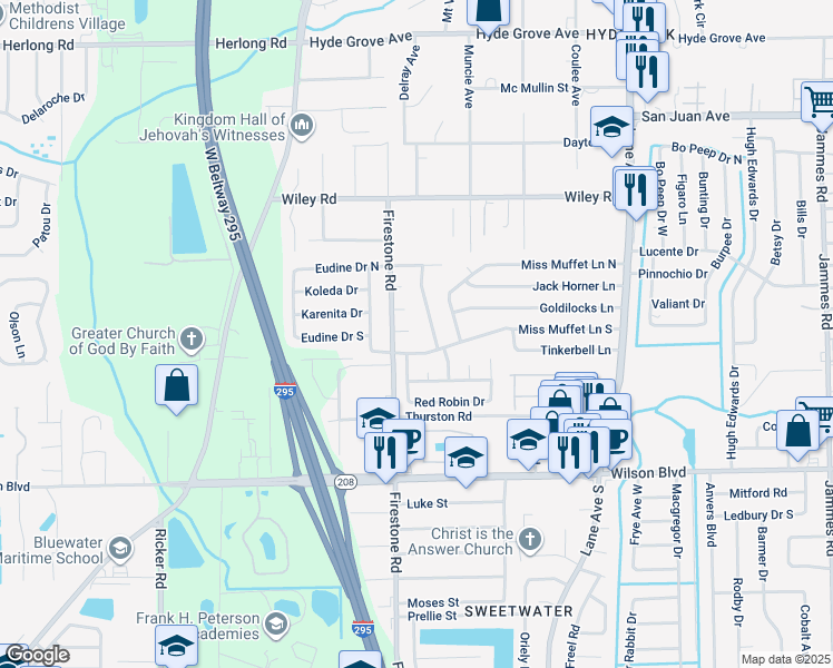 map of restaurants, bars, coffee shops, grocery stores, and more near 7060 Jacqueline Court in Jacksonville