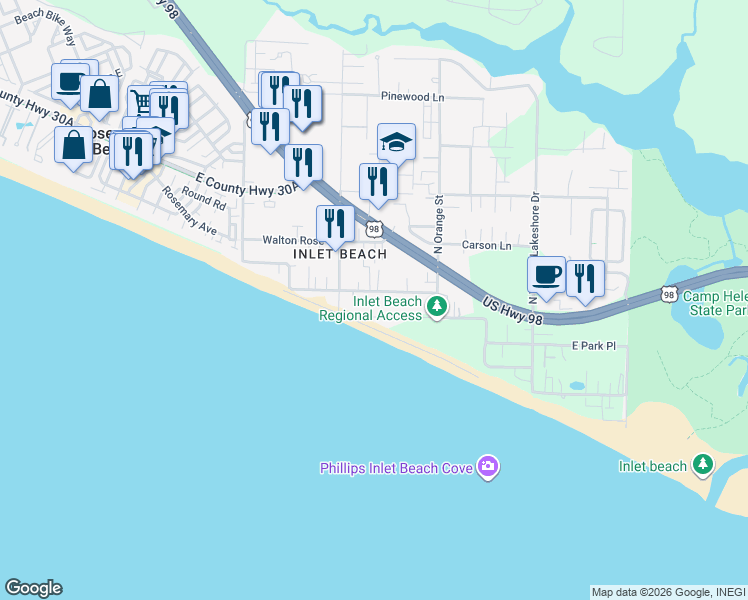 map of restaurants, bars, coffee shops, grocery stores, and more near 492 West Park Place Avenue in Walton County
