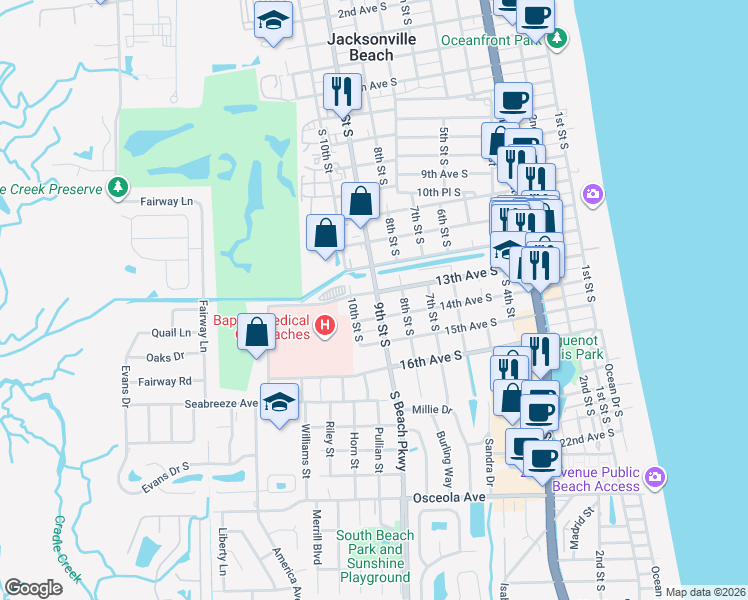 map of restaurants, bars, coffee shops, grocery stores, and more near 1320 9th Street South in Jacksonville Beach