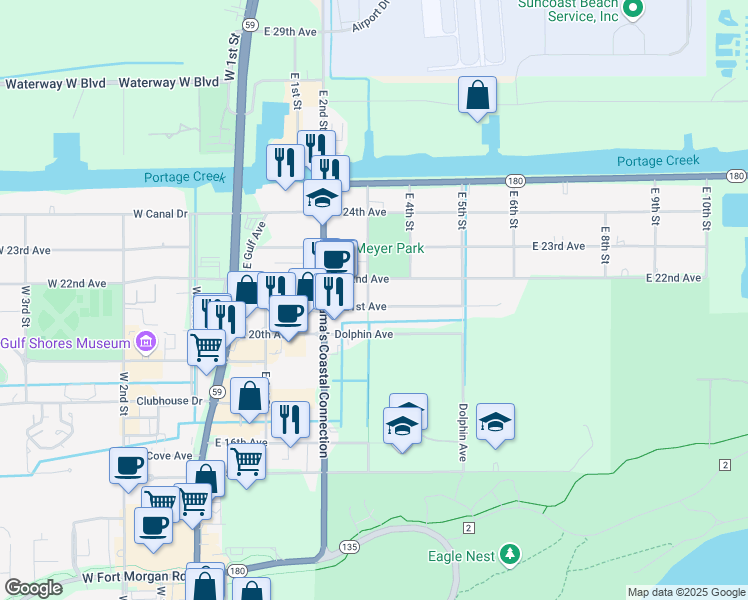 map of restaurants, bars, coffee shops, grocery stores, and more near 2200 East 21st Avenue in Gulf Shores