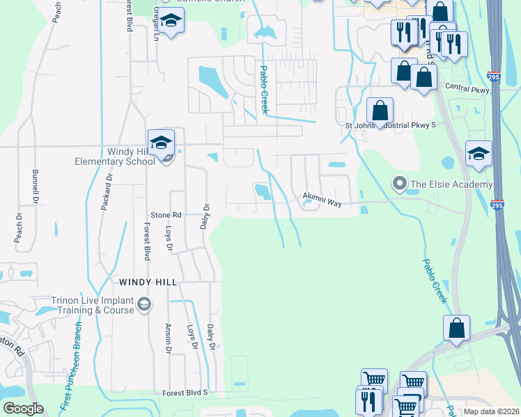 map of restaurants, bars, coffee shops, grocery stores, and more near 3916 Grand Central Place West in Jacksonville