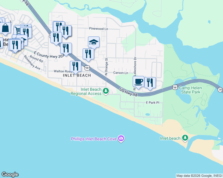 map of restaurants, bars, coffee shops, grocery stores, and more near 220 West Park Place Avenue in Walton County