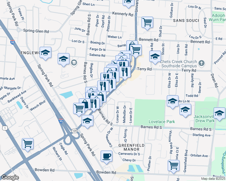 map of restaurants, bars, coffee shops, grocery stores, and more near 6909 Santa Monica Boulevard South in Jacksonville