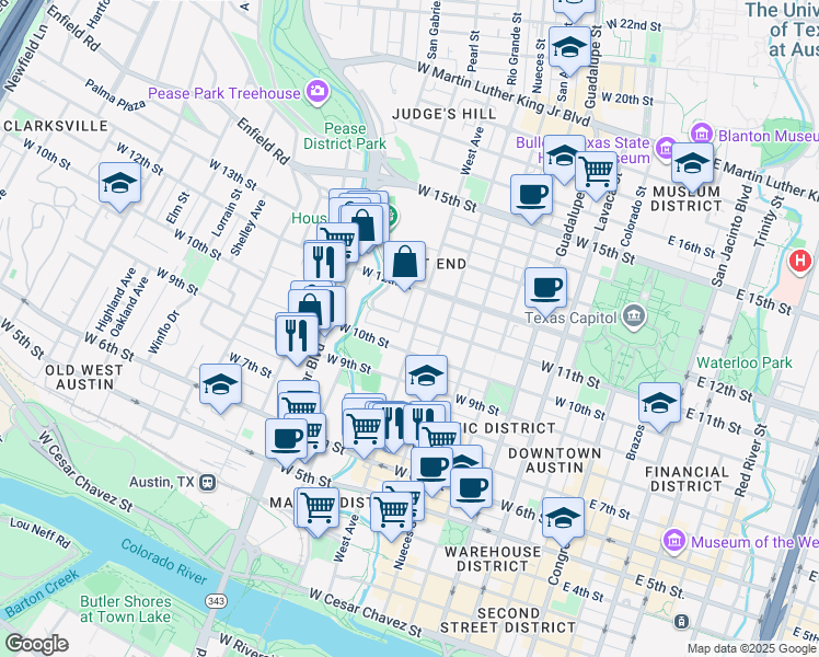 map of restaurants, bars, coffee shops, grocery stores, and more near 1005 West Avenue in Austin