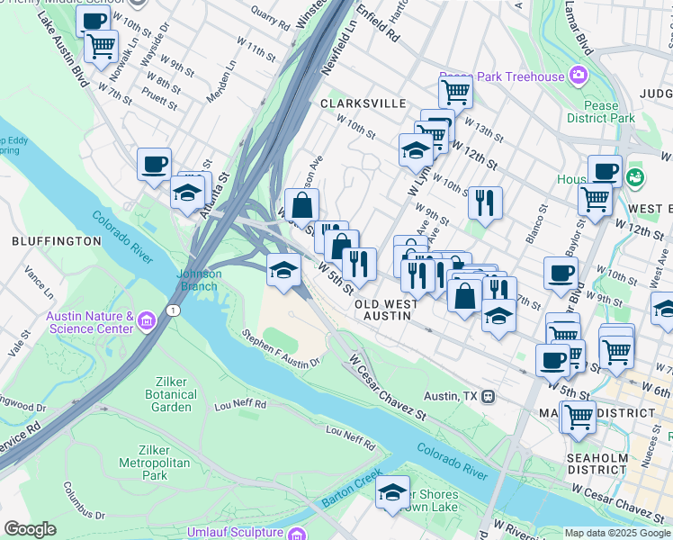 map of restaurants, bars, coffee shops, grocery stores, and more near 1612 West 5th Street in Austin