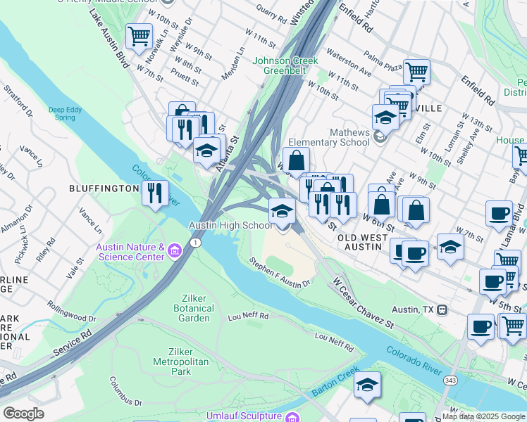 map of restaurants, bars, coffee shops, grocery stores, and more near 1715 West Cesar Chavez Street in Austin