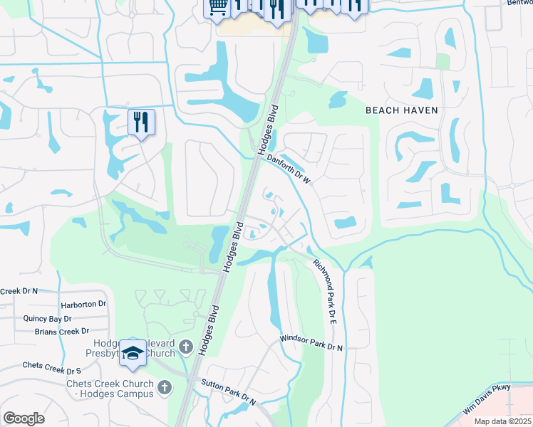 map of restaurants, bars, coffee shops, grocery stores, and more near 3503 Richmond Park Drive North in Jacksonville
