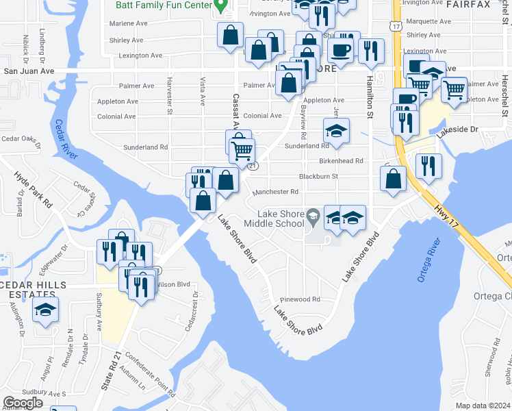map of restaurants, bars, coffee shops, grocery stores, and more near 4909 Dundee Road in Jacksonville