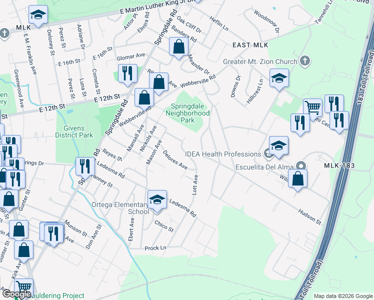 map of restaurants, bars, coffee shops, grocery stores, and more near 1151 Lott Avenue in Austin