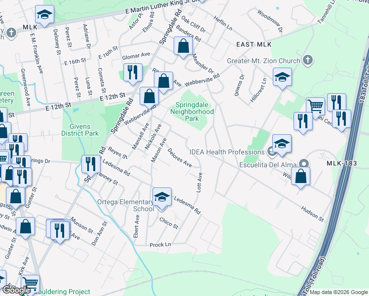 map of restaurants, bars, coffee shops, grocery stores, and more near 5106 Delores Avenue in Austin