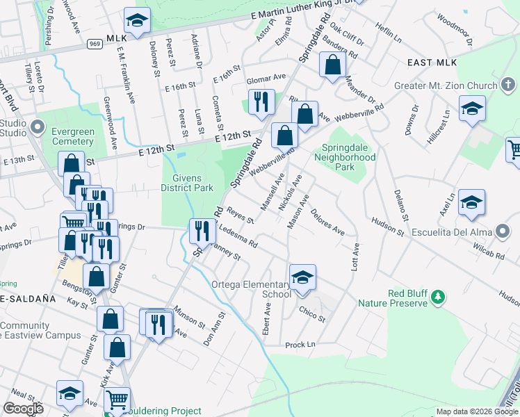 map of restaurants, bars, coffee shops, grocery stores, and more near 1112 Mansell Avenue in Austin