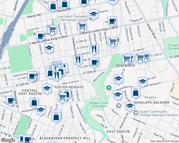 map of restaurants, bars, coffee shops, grocery stores, and more near 2408 East 12th Street in Austin