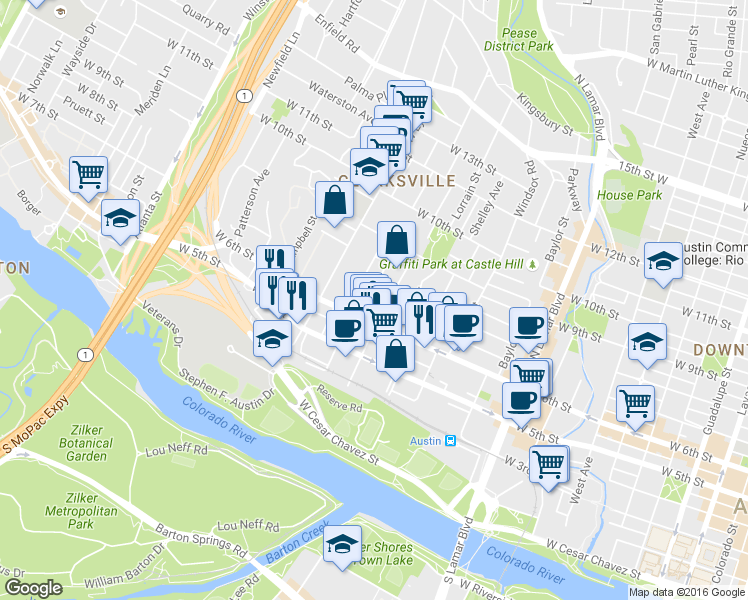 map of restaurants, bars, coffee shops, grocery stores, and more near 1410 West 6th Street in Austin