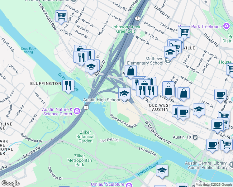 map of restaurants, bars, coffee shops, grocery stores, and more near 1717 West Cesar Chavez Street in Austin