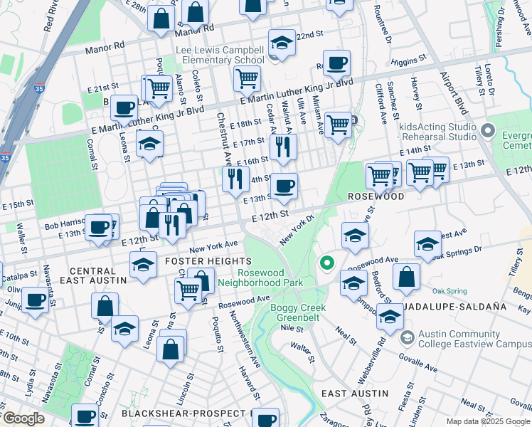 map of restaurants, bars, coffee shops, grocery stores, and more near 2408 East 12th Street in Austin