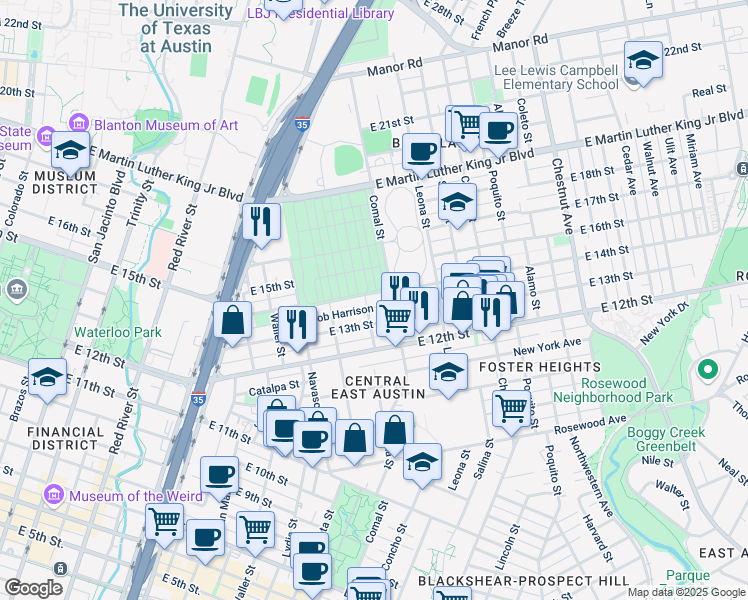 map of restaurants, bars, coffee shops, grocery stores, and more near 1402 Bob Harrison Street in Austin