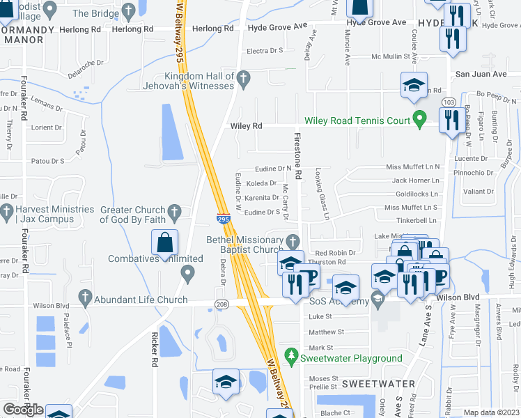 map of restaurants, bars, coffee shops, grocery stores, and more near 7213 Eudine Drive South in Jacksonville