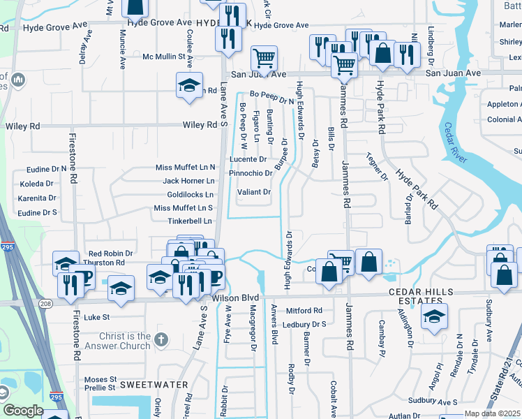 map of restaurants, bars, coffee shops, grocery stores, and more near 6622 South Burpee Drive in Jacksonville