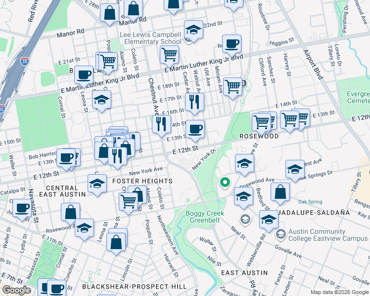 map of restaurants, bars, coffee shops, grocery stores, and more near 2408 East 12th Street in Austin