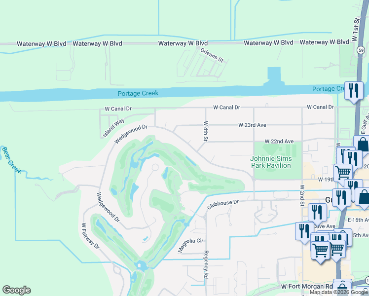 map of restaurants, bars, coffee shops, grocery stores, and more near 505 Wedgewood Drive in Gulf Shores