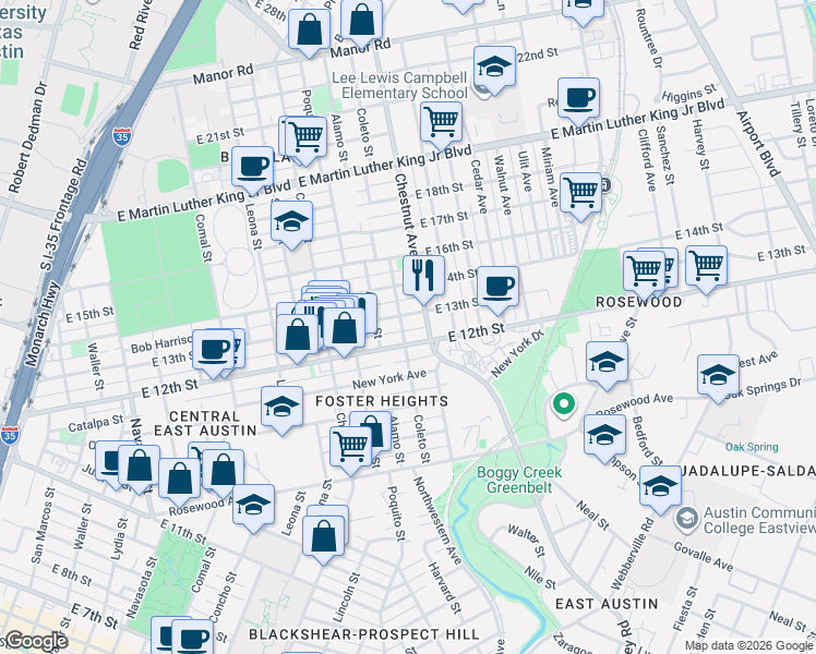 map of restaurants, bars, coffee shops, grocery stores, and more near 2106 East 12th Street in Austin
