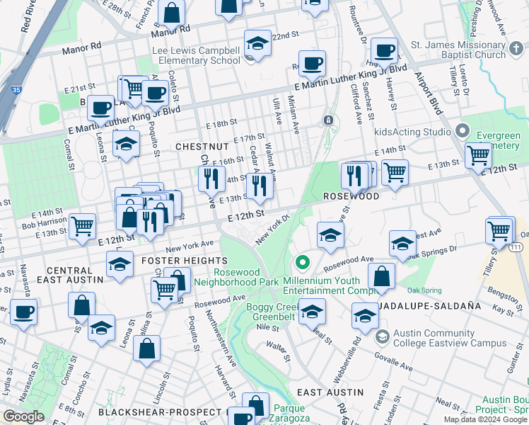 map of restaurants, bars, coffee shops, grocery stores, and more near E 12th St & Cedar Ave in Austin