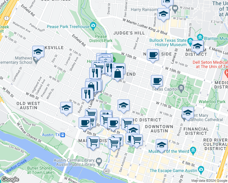 map of restaurants, bars, coffee shops, grocery stores, and more near 816 West 10th Street in Austin