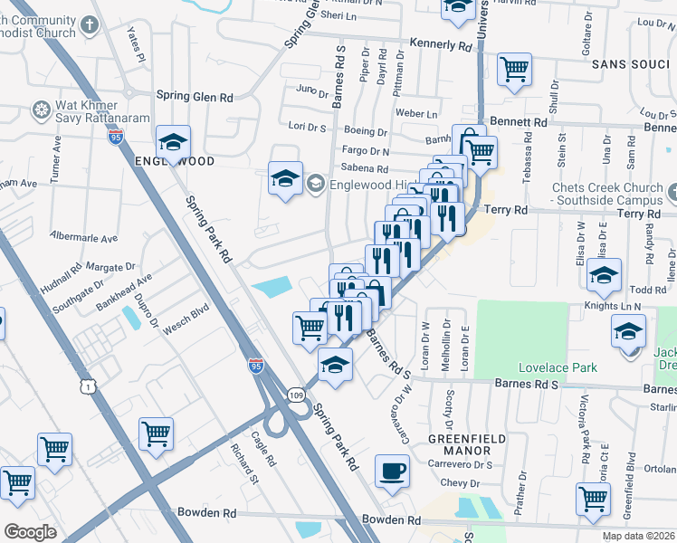 map of restaurants, bars, coffee shops, grocery stores, and more near 4681 Barnes Road South in Jacksonville
