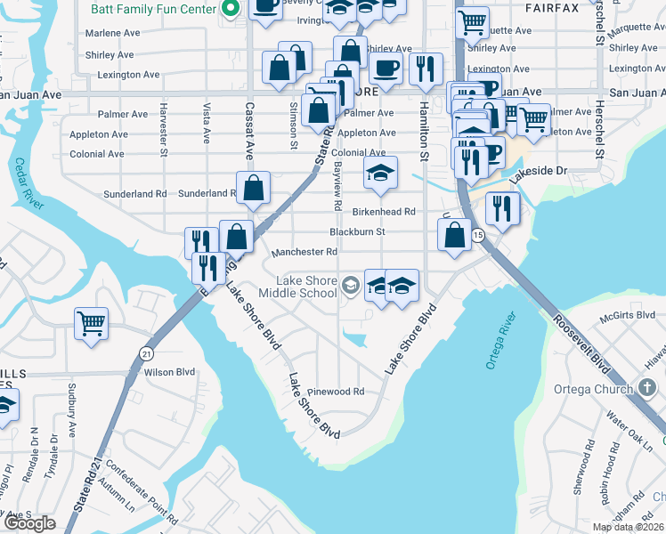 map of restaurants, bars, coffee shops, grocery stores, and more near 2416 Bayview Road in Jacksonville
