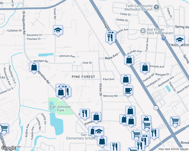 map of restaurants, bars, coffee shops, grocery stores, and more near 2655 Paul Avenue in Jacksonville