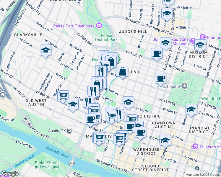 map of restaurants, bars, coffee shops, grocery stores, and more near 816 West 10th Street in Austin