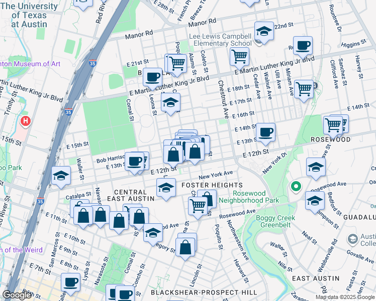 map of restaurants, bars, coffee shops, grocery stores, and more near 1309 Chicon Street in Austin