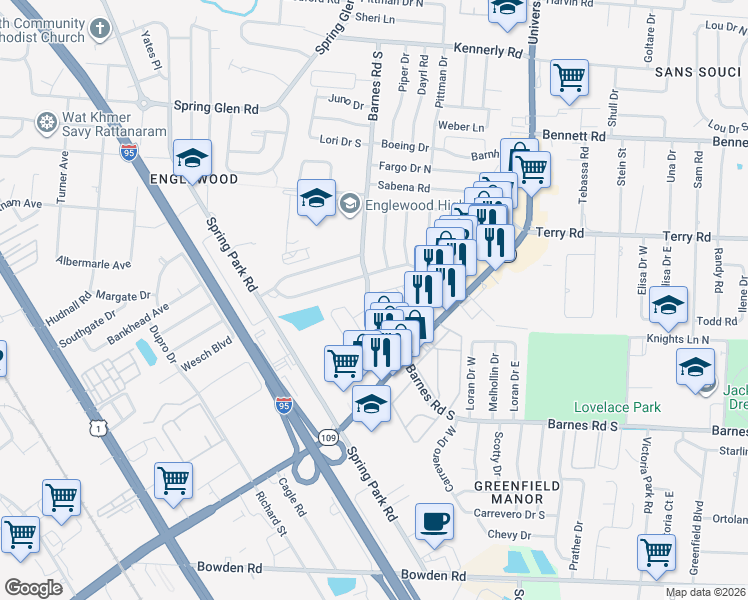 map of restaurants, bars, coffee shops, grocery stores, and more near 4681 Barnes Road South in Jacksonville