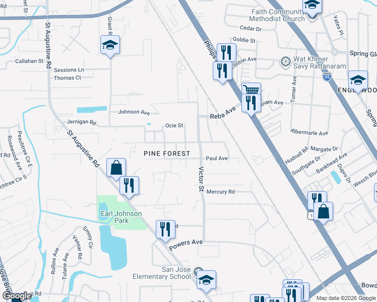 map of restaurants, bars, coffee shops, grocery stores, and more near 2655 Paul Avenue in Jacksonville
