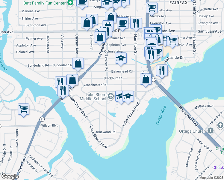 map of restaurants, bars, coffee shops, grocery stores, and more near 2432 Bayview Road in Jacksonville